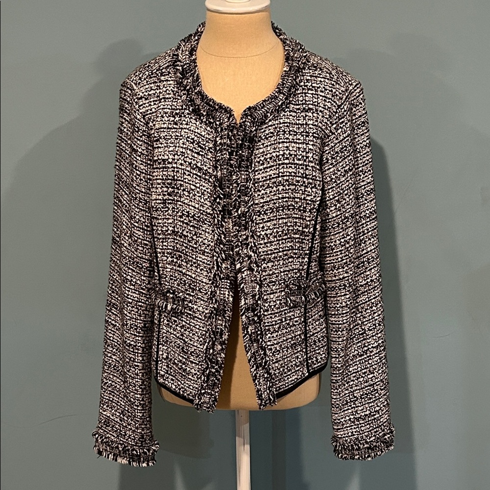 White House Black Market Metallic Tweed Fringe Open Front Blazer Large Boucle